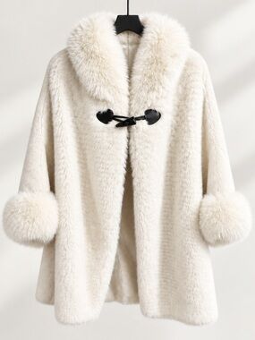 Luxury Faux Fur Cream Coat with Pom Cuffs